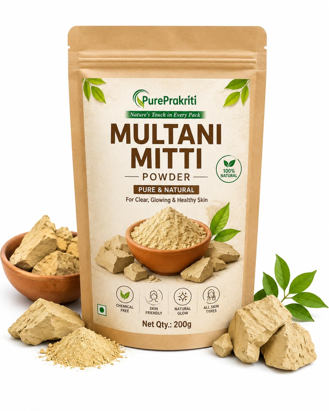 Pack of 1 Multani Mitti Powder 200g with Free Plastic Gloves | 100% Natural Fuller's Earth Face Pack | Deep Cleansing Clay for Oily Skin, Acne, Pimples, Tan Rem