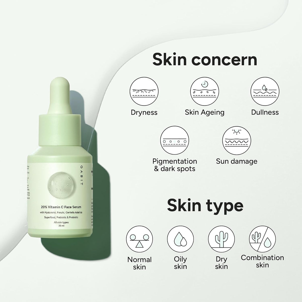 Gabit 20% Vitamin C Face Serum for Glowing Skin | Brightening Serum for Dark Spots, Dull Skin, Tanned Skin | Improves Wrinkles | Hyaluronic, Ferulic, CiCa, Preb
