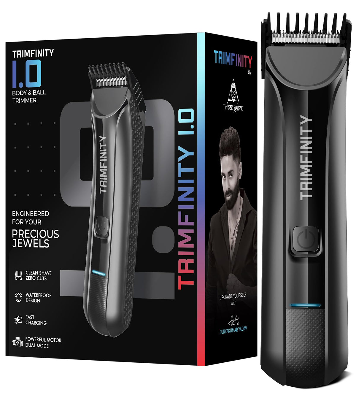 urbangabru Trimfinity 1.0 Waterproof Body Trimmer By Urban Gabru | Stainless Steel Ceramic Blade,Led Light,90 Min Battery,Dual-Mode Motor,4 Combs,Fast Charging,