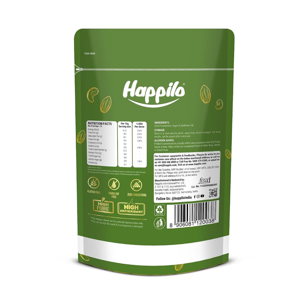 Happilo Premium Californian Dried and Sweet Whole Cranberries, 200g |Healthy Snacks, Dried Fruits | No Fat and Low Calories | High Antioxidants, Dietary Fiber 2