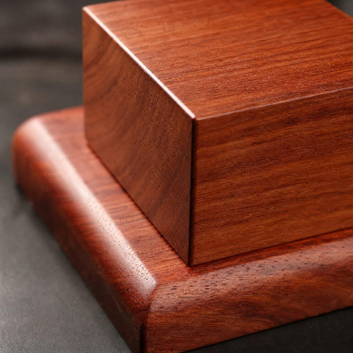 Polished Square Wooden Display Pedestal Versatile Small Wood Display Block with Stepped Base Compact Red Pear Wood Figurine Stand Low-Profile for Collectors, Te