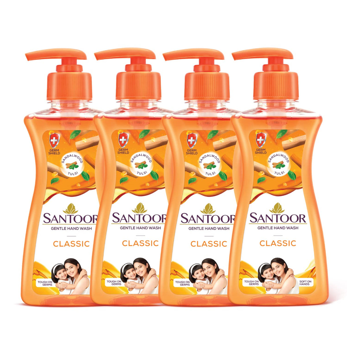 Santoor Classic Gentle Hand Wash 200ml, Pack of 4 with Natural Goodness of Sandalwood & Tulsi| Rich Lathering Formula With Anti-Bacterial Properties| Soft on Ha