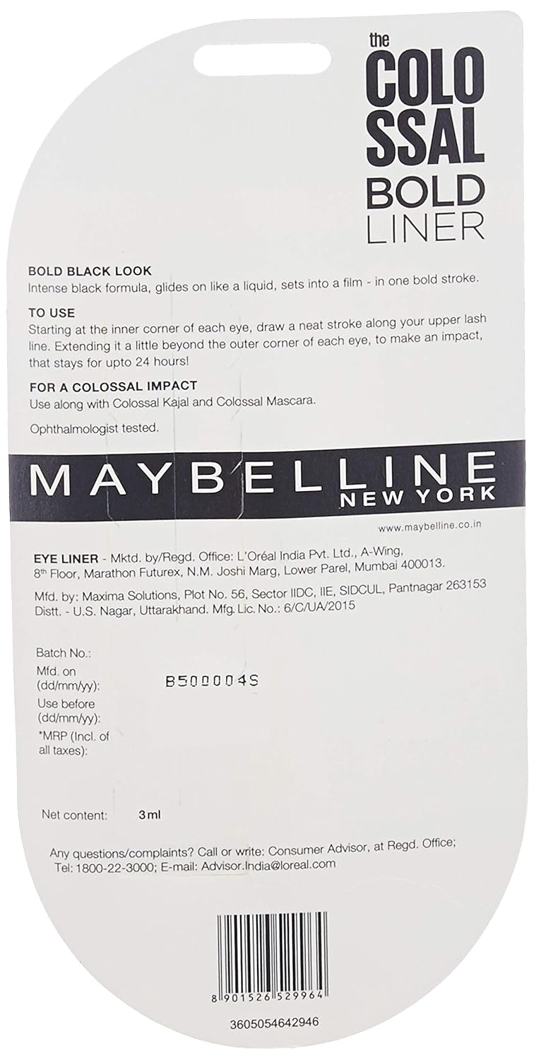 Maybelline New York Eyeliner, Smudge-proof and waterproof, Long-lasting, Liquid Colossal Bold Liner, Black, 3g (Pack of 2) Matte Finish