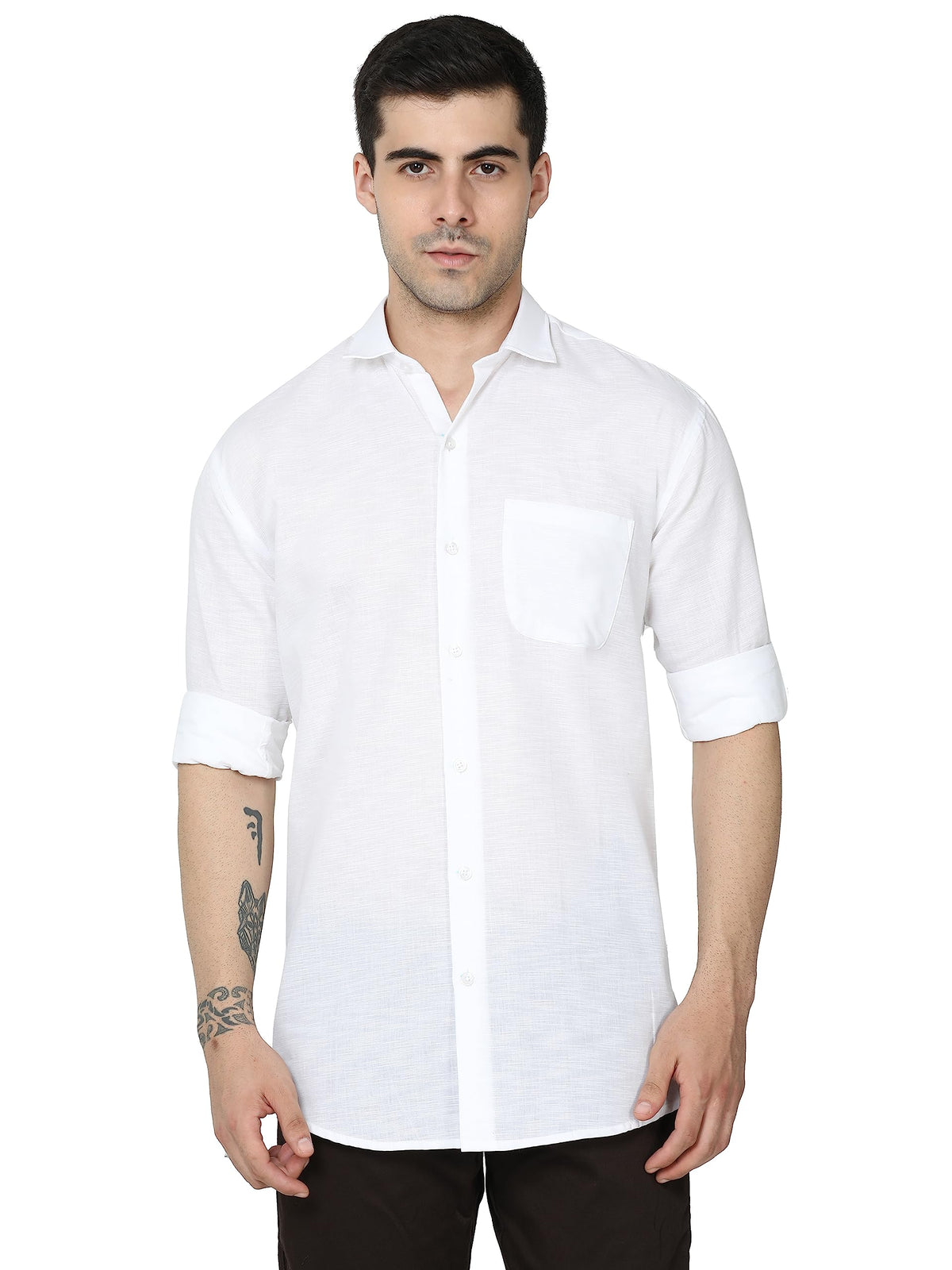 Miraan Men's Linen Cotton Long Sleeve Casual Regular Fit Shirt (Siglinen) White L