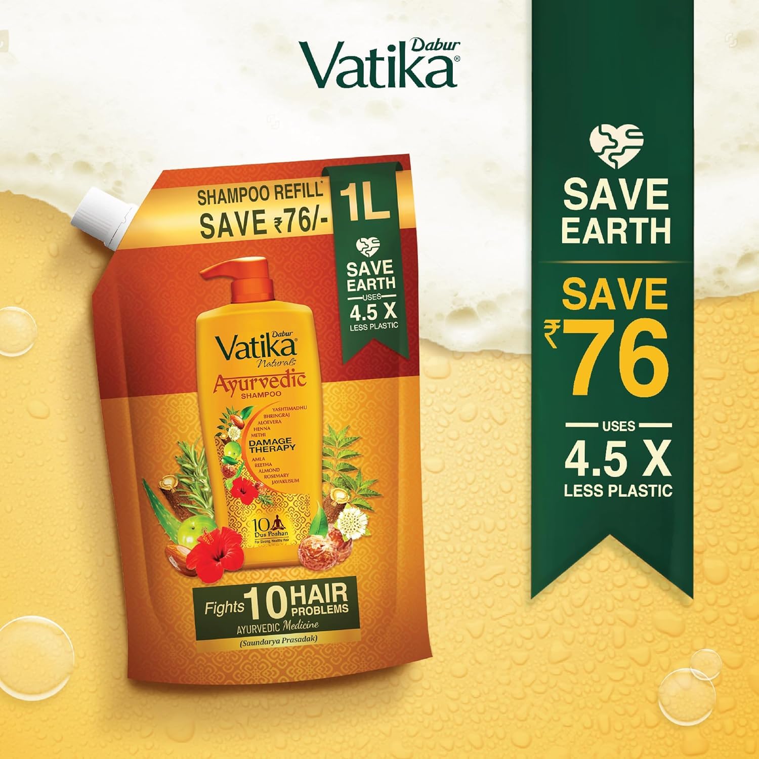 Dabur Vatika Ayurvedic Shampoo Refill Pouch - 1 L | Damage Therapy | Power of 10 Ingredients for Solving 10 Hair Problems | No Parabens | For All Hair Types