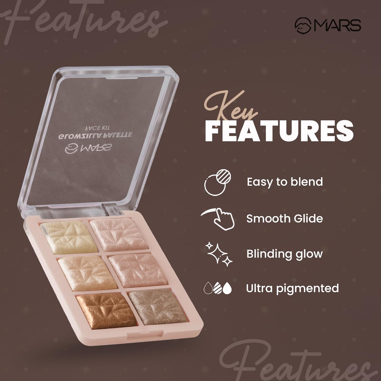 MARS Glowzilla 6 Colour Highlighter Palette | Ultra Blendable & Long Lasting | Blinding Glow (12.0gm) (Shade-01)
