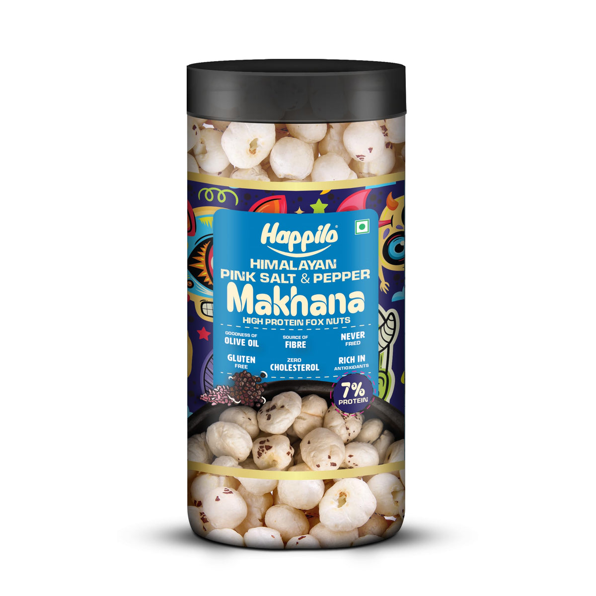Happilo Premium Makhana Himalayan Pink Salt & Pepper Jar 80g | Roasted Foxnuts, Lotus Seeds | Healthy Snacks | Low Calorie & Vegan Pack of 1