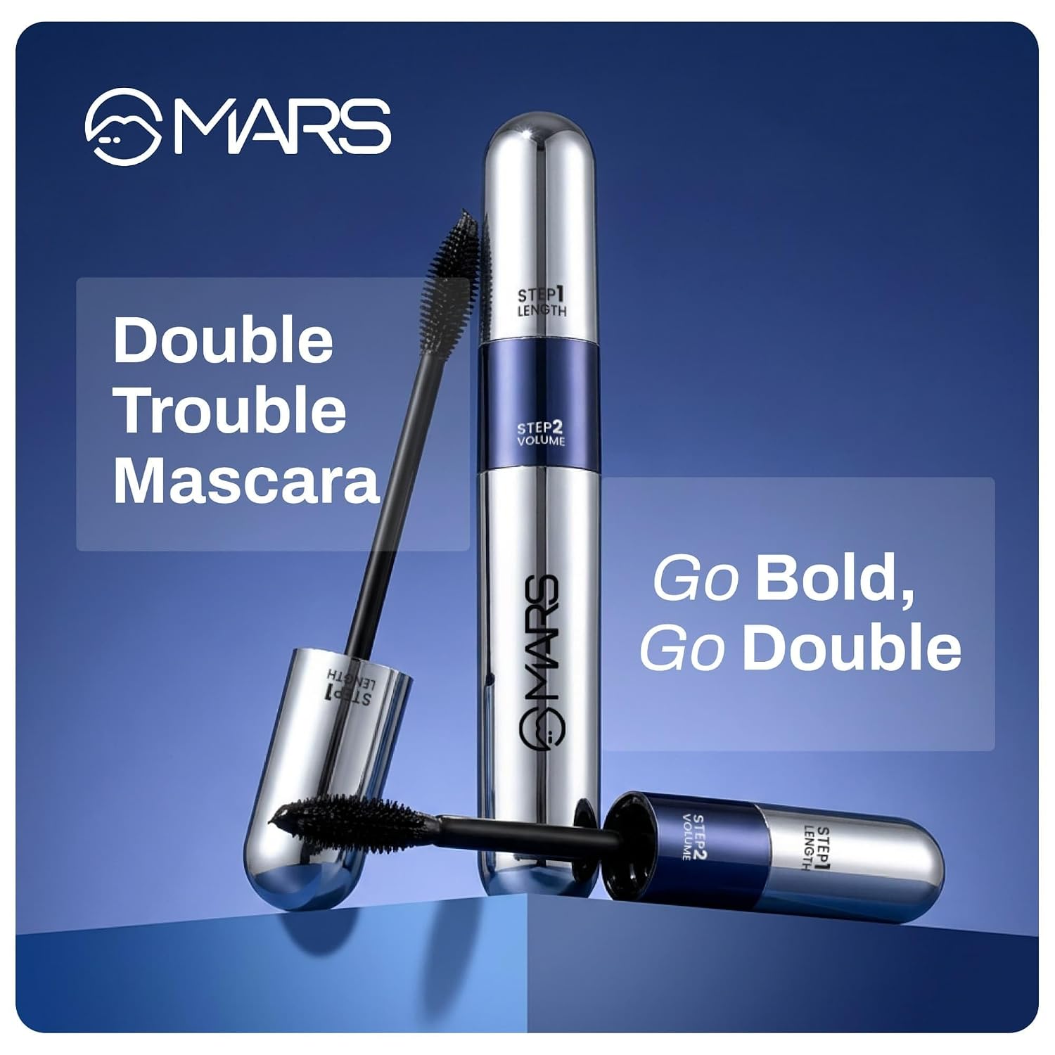 MARS Double Trouble 2-in-1 Mascara (15 ml) | Maximum Volume & Extended Length | Upto 18 Hours | Intense Jet Black | Long Lasting, Clump Free Mascara | Waterproof and Smudge-Proof