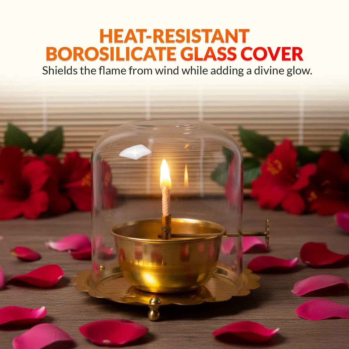 PrettyKrafts 250ml Brass Akhand Jyot Diya with Adjustable Bati Knob, Wick Lifting Screw Lever & Borosilicate Glass Cover (Large Size, 250ml Oil Capacity, Burns