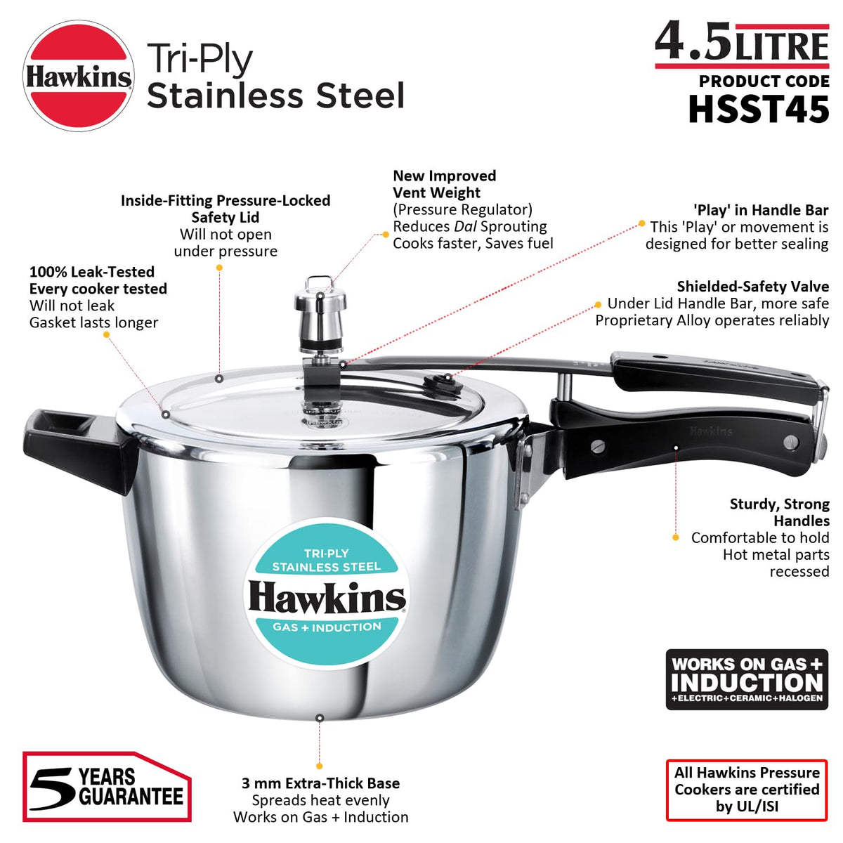 Hawkins 1.5 Litre Triply Stainless Steel Pressure Cooker, Inner Lid Induction Baby Cooker, Silver (HSST15) 1.5 Litres