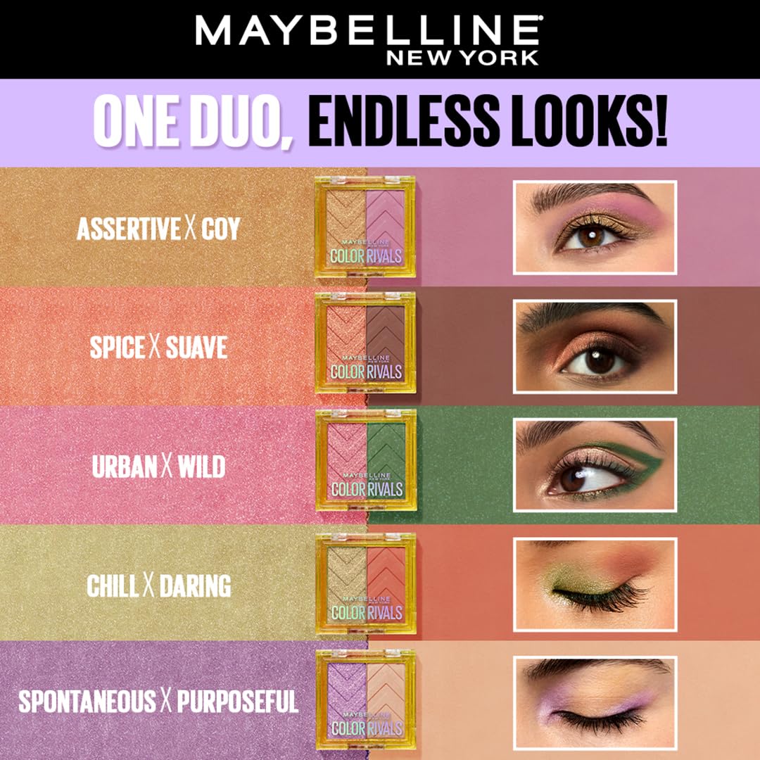 Maybelline New York Color Rivals Pigmented Eyeshadow Palette, Long lasting, Sweatproof, Waterproof, Matte, Shimmer : Spicy x Suave, 3g