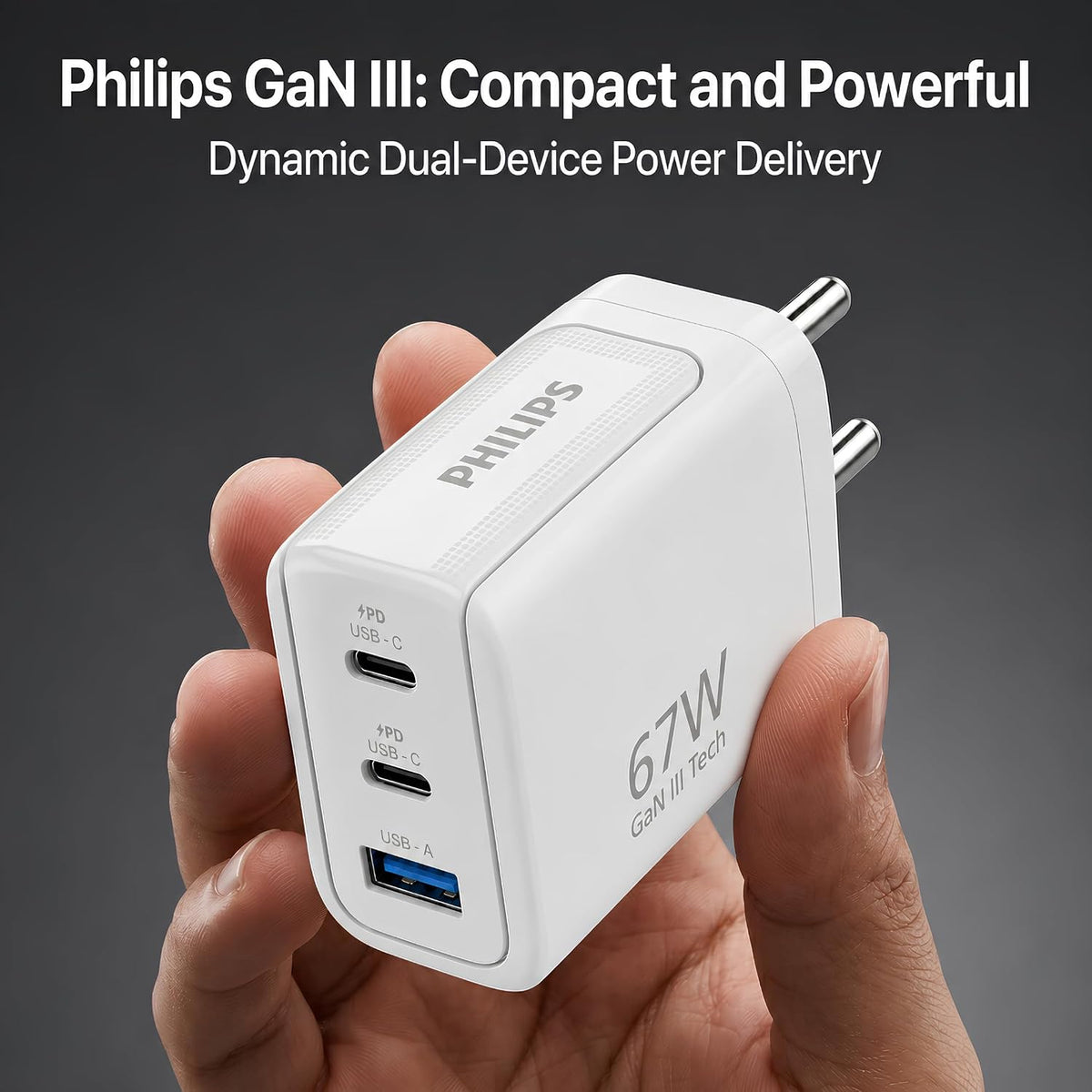 Philips DLP6331CW/94 Gen III Tech 67W Fast Charging Wall Charger (Alba White) | 2 USB-C PD + 1 USB-A | 3-Port Multi-Device Charger for Laptop, Smartphone, Table