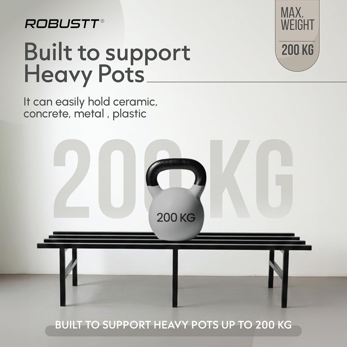 Robustt Horizontal Metal Pot Stand (Set of 2 ) 76x24x18 Cm | Rust-Proof Matte Powder-Coated Pot Stand for Big Size Plants | Supports Up to 200 Kg| Ideal for Bal