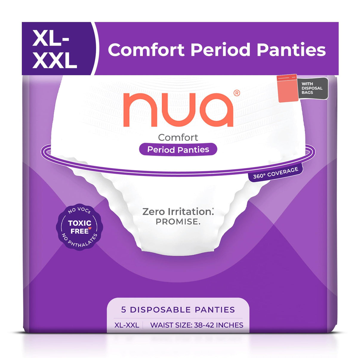 Nua Comfort Period Panties (XL-XXL) | Pack of 5 | Disposable | 360° Coverage | Zero Irritation | 4X Comfort | for Heavy Flow | No rashes | Leakproof | Seamless