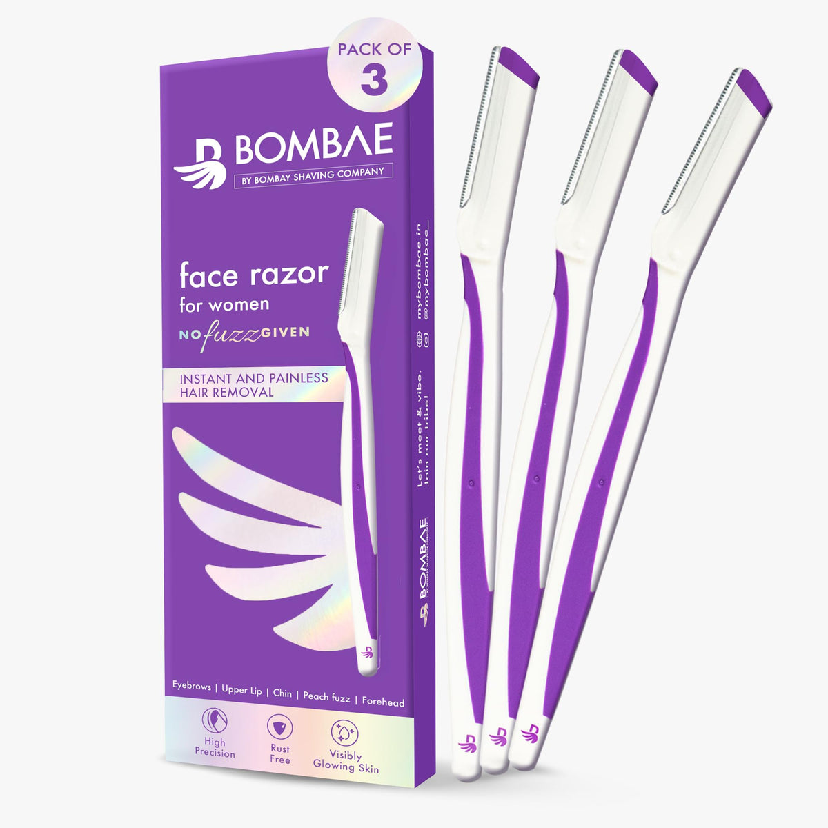 Bombae Reusable Face Razor For Woman Facial Hair - 3 Eyebrow Razor| Instant Glow & Painless Hair Removal | For Eyebrows, Upper Lip, Chin, Peach Fuzz, Forehead,
