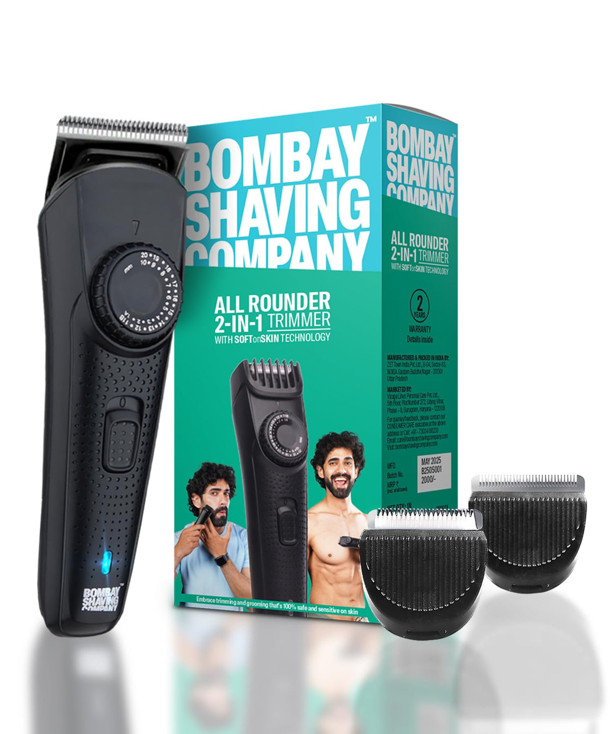 Bombay Shaving Company All Rounder 2-in-1 Trimmer for Men | Beard & Body Grooming with Dual Heads | Ceramic Blades for Sensitive Skin | 38 Style Settings | 120