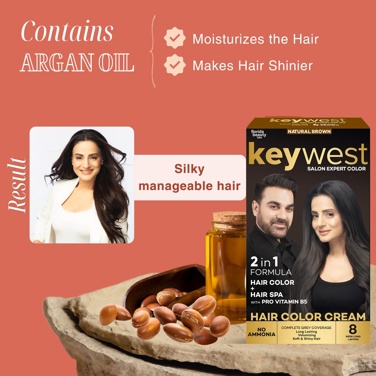Keywest Crème Hair Colour Brown - 65ml (Ammonia Free) | Hair Color Cream | 2in1 Formula Hair Color + Hair Spa with Pro Vitamin B5