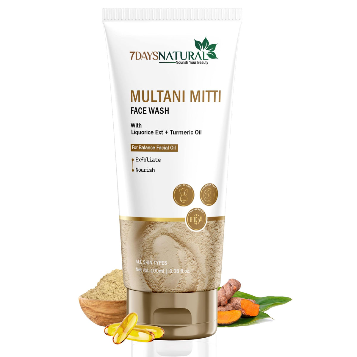 7DAYSNATURAL Natural Wash Multani Mitti Face Wash, 100ml | With Fuller’s Earth, Sandalwood, Aloe Vera & Saffron | Paraben & Sulphate Free | For All Skin Types I