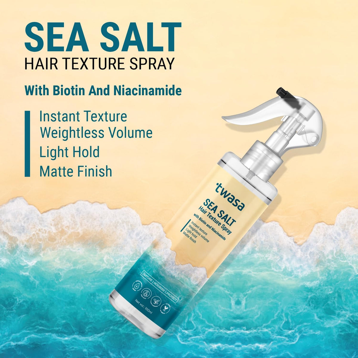 Twasa Sea Salt Hair Texture Spray 100ml with Biotin & Niacinamide | Hair Styling Spray For Instant Texture, Light Hold & Matte Finish | Hair Volumizing & Textur