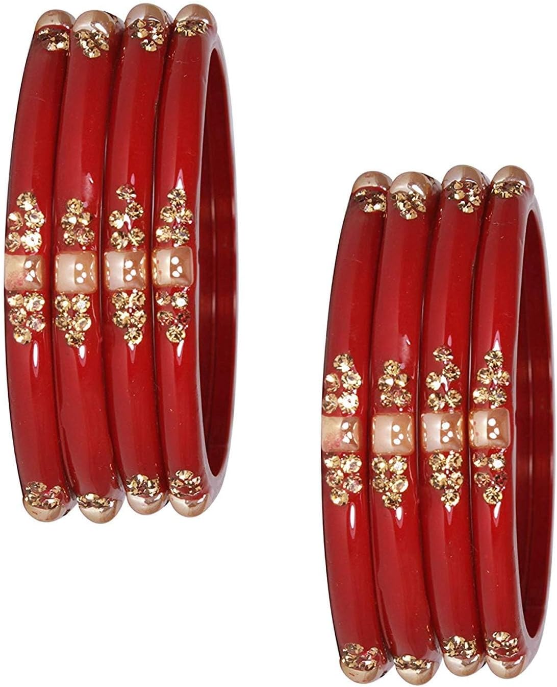 Glass with Zircon Gemstone & Beads Studded worked Glossy Finished Kada Set For Women and Girls | Set of 8 Red 2.6 Inches