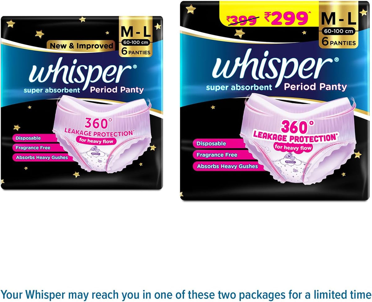 CONFETTIWOW Whisper Bindazzz Night Period Panty|6 M-L Panties|upto 0% Leaks|360 degree leakage protection|Full back coverage|Suitable for Heavy Flow|Flex fit|So