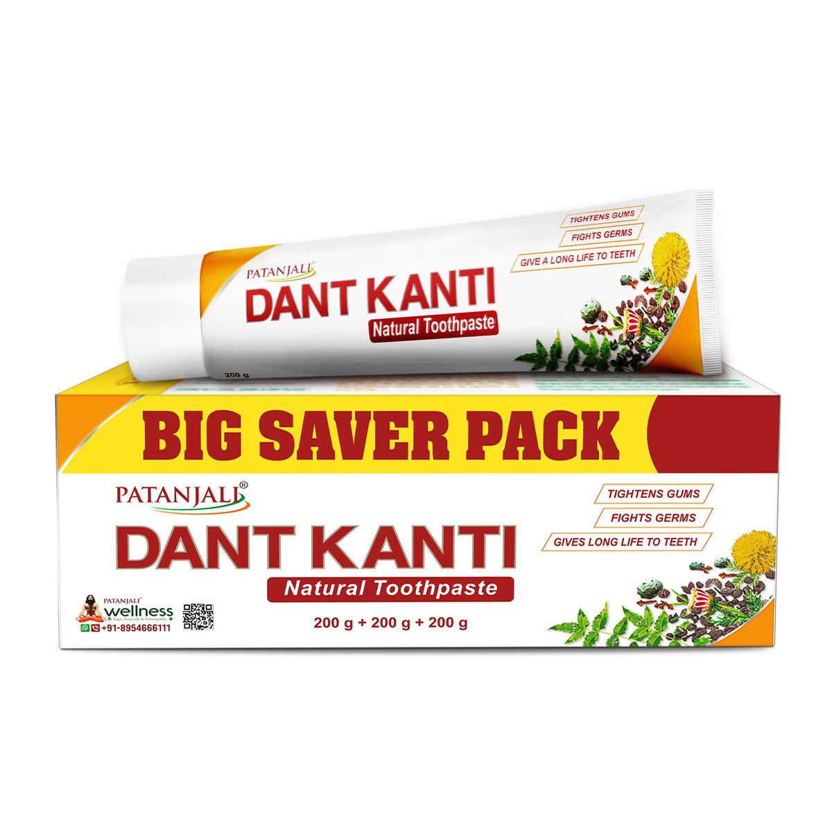 Patanjali Dant Kanti Natural Toothpaste 600g (200gx3), Super Saver Value Pack, Strengthens Teeth, Tightens Gums & Promotes a Cavity-Free, Healthy Smile (Pack of