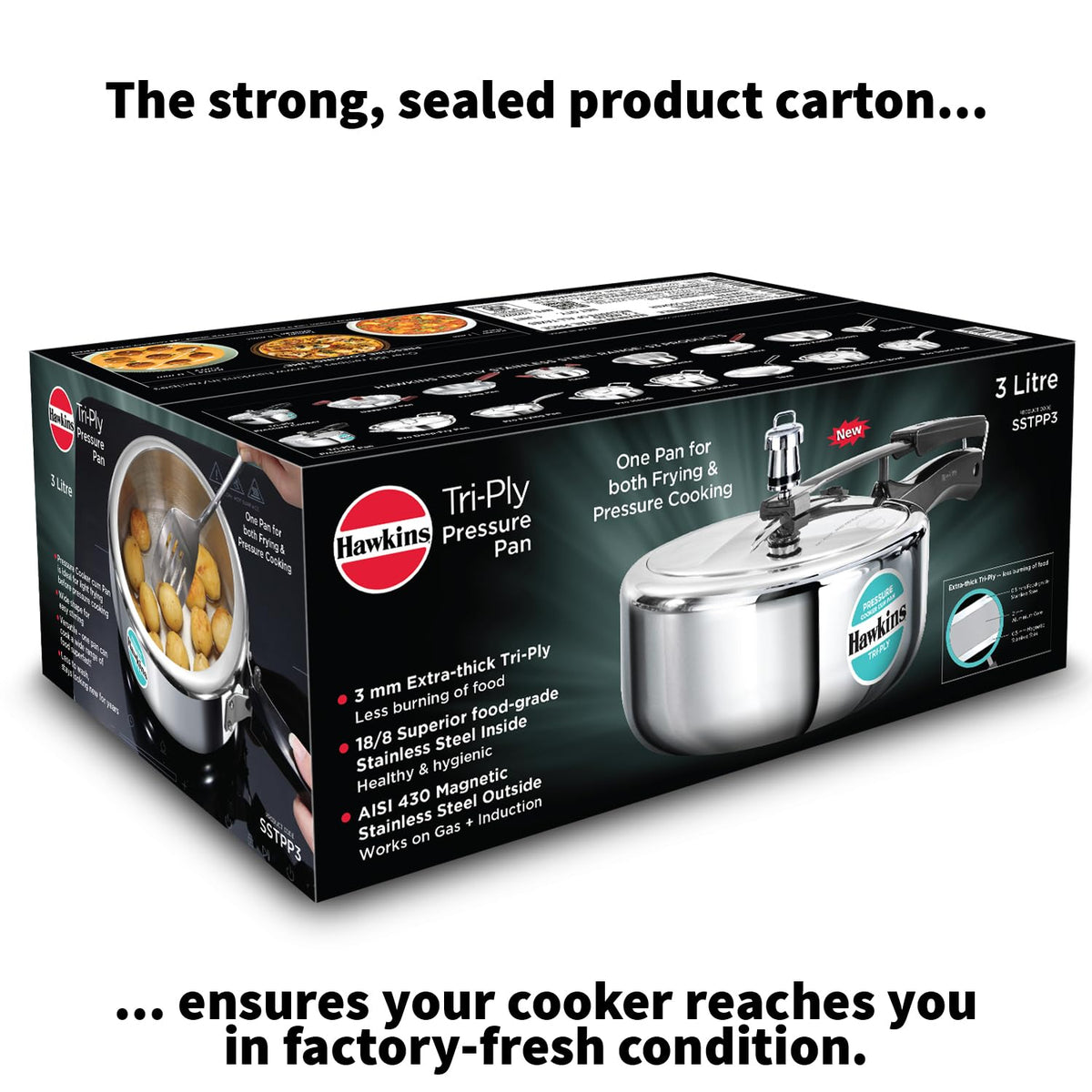 Hawkins 3 Litre Tri-Ply Pressure Cooker cum Pan, Triply Stainless Steel Inner Lid Cooker, Pan, Silver (SSTPP3) 3 Litres
