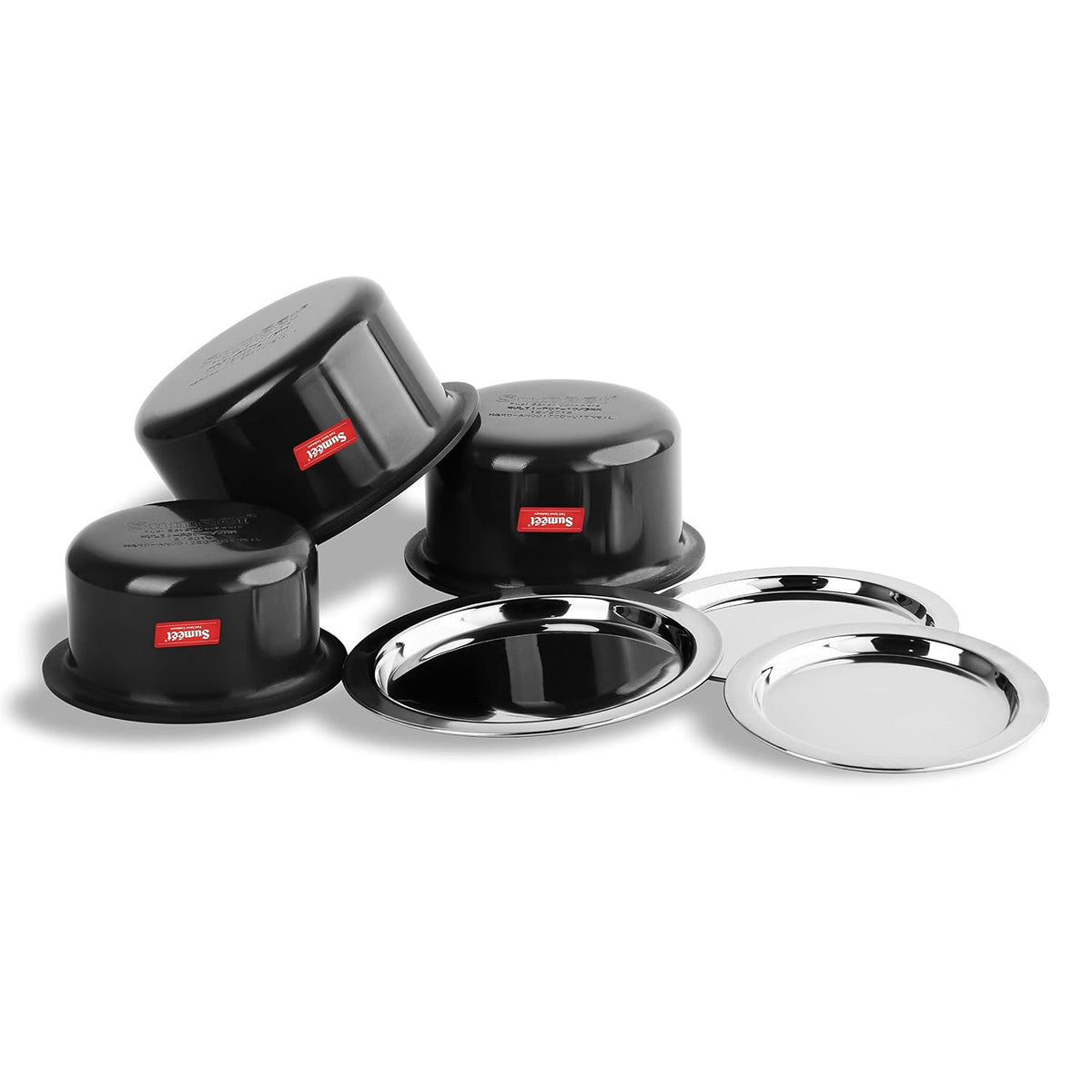 Sumeet Aluminium Non-Stick Anodized Tope Set, 700Ml, 1L, 1.4 L, 3 Piece (Black)