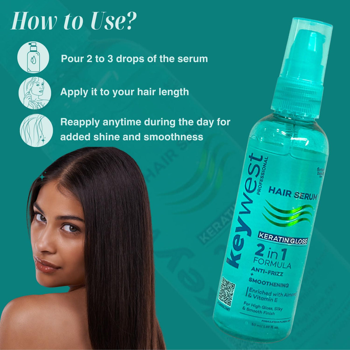 Keywest Professional Keratin Gloss Hair Serum for Women Men Dry Frizzy Hair, 50ml | 2in1 Formula Anti-Frizz + Smoothening | Enriched with Almond Oil & Vitamin E