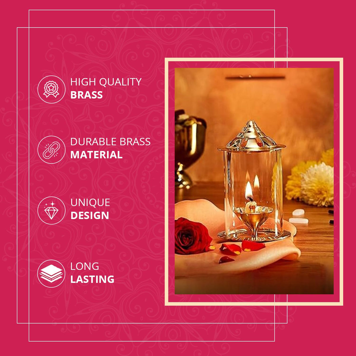 Klassic Navjyoti 4 Inch Akhand Diya Set with Borosilicate Glass Shade | Brass Oil Lamp for Mandir & Pooja | Decorative Diya with Glass Cover,Wick Holder for Poo