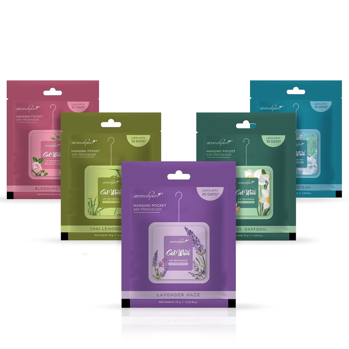 Aromahpure Gel Wave Bathroom Freshener | Assorted 50g (10g each) | Set of 5 Gel-Based hanging Pocket freshener I Lasts Up to 30 Days Multi Pack of 5