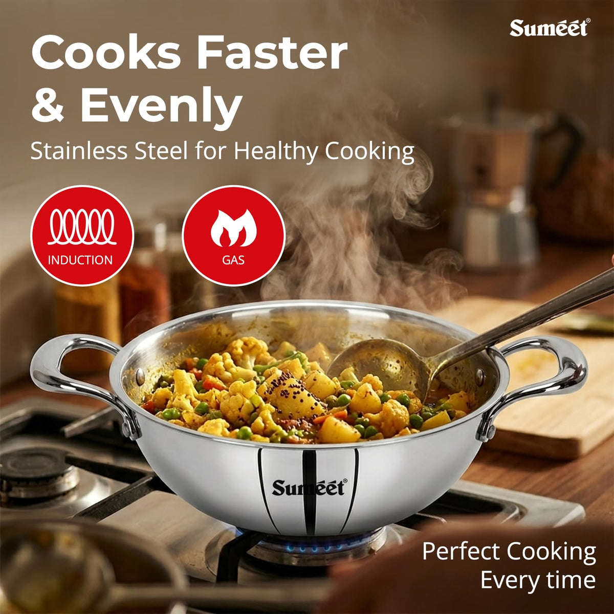 Sumeet Cook Smart TriPly Steel-Aluminium-Steel - 3 Layers Kadhai - 3.25Ltr - 26Cm 3.25 Liter