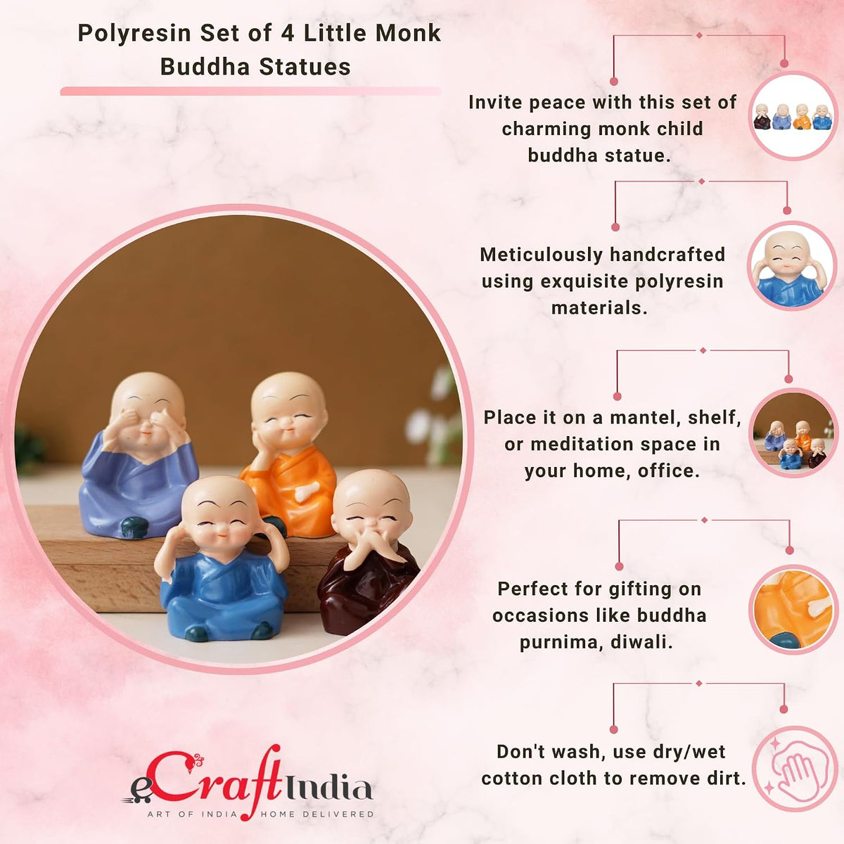 eCraftIndia Resin Set of 4 Little Monk Buddha Statue Think No Evil Speak No Evil Hear No Evil See No Evil Showpiece for Home Decor Living Room Office| Diwali Ho