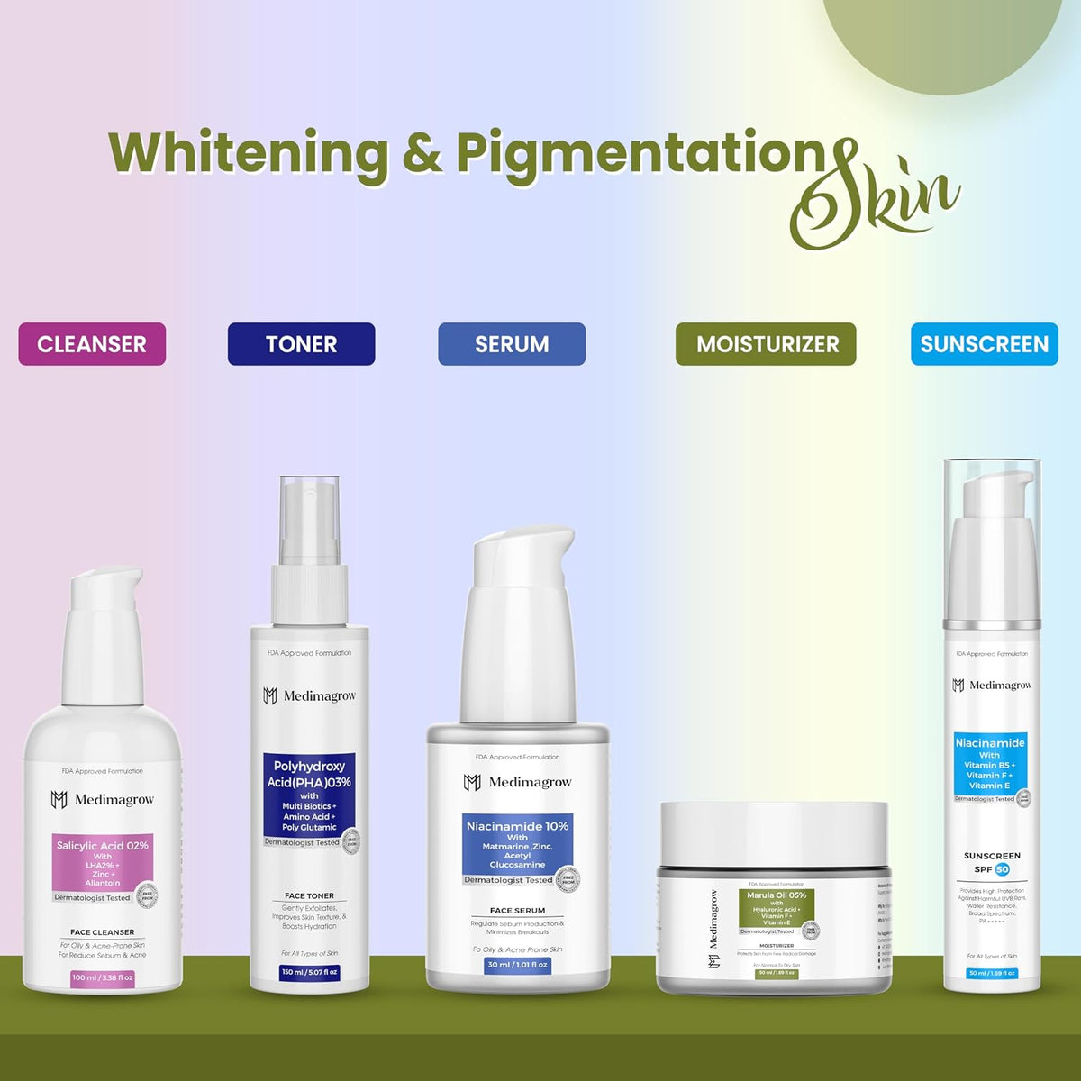 5-in-1 Glow & Pore Care Combo – Salicylic Cleanser, PHA Toner, Niacinamide Serum, Marula Moisturizer & SPF 50 Daily routine skin care