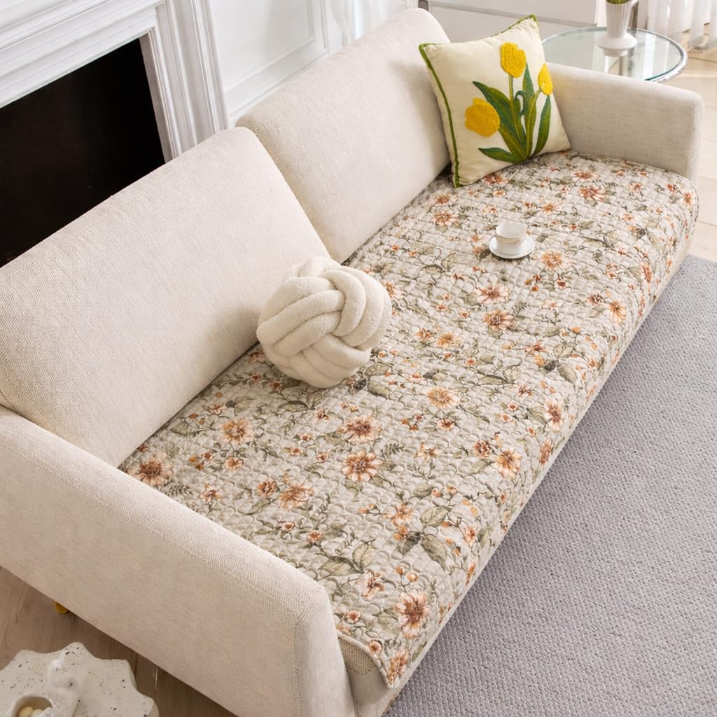 HOMETHREADS Anti-Skid Sofa Protector Mat: Premium Printed Cotton Slipcover with Strong PVC Non-Slip Backing (Beige, 2 Seater | 140x75cm) Beige 2 Seater | 140x75