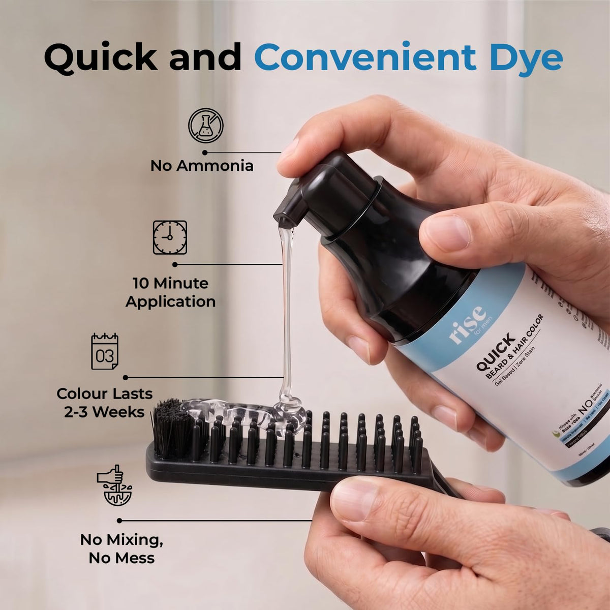 Rise for Men Quick Beard Color & Hair Color Gel | Aloe Vera Infused Ammonia Free Formula | No Mixing No Mess Application | Natural Black | 200ml Bottle