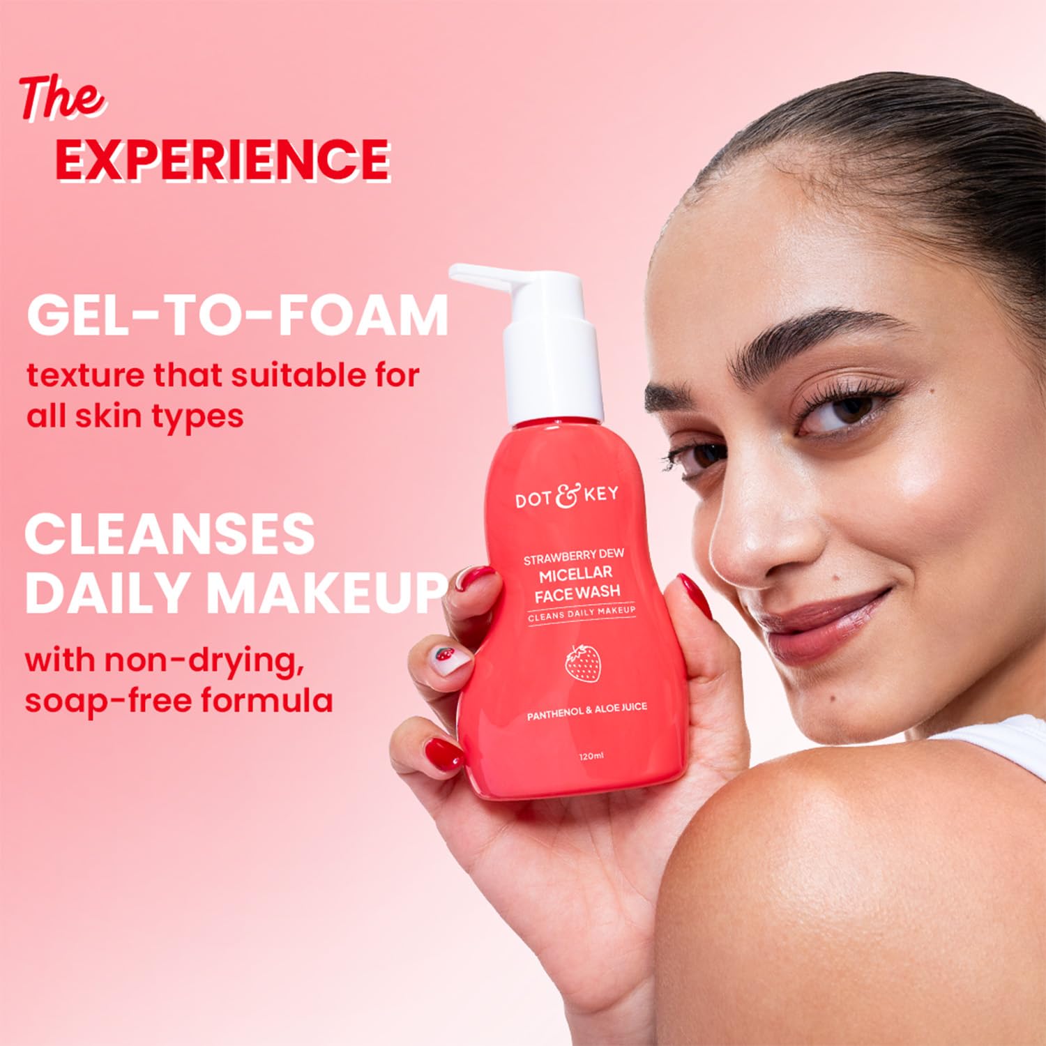 Dot & Key Strawberry Dew Micellar Face Wash, Cleanses Daily Makeup, Non-Drying & Soap-Free Formula, With Panthenol & Aloe Vera Juice, Removes Excess Oil & Dirt, Hydrates & Soothes Skin, Sulphate-Free- 120ml