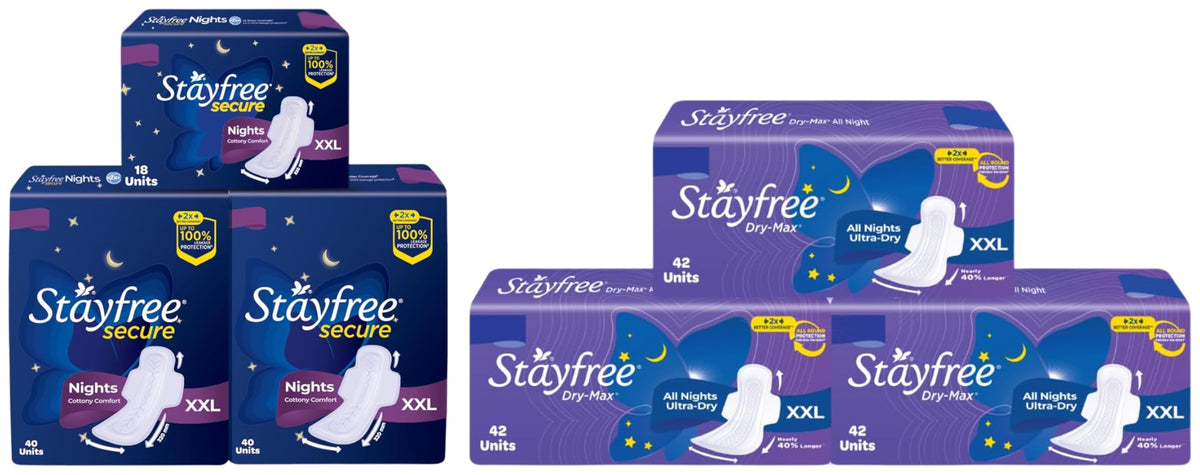 Stayfree Secure Night Sanitary Napkins For Women (98 Pads), Combo Offer Pack Buy 80 Pads Get 18 Pads & Dry Max Xx Combo Pack 126 Pads