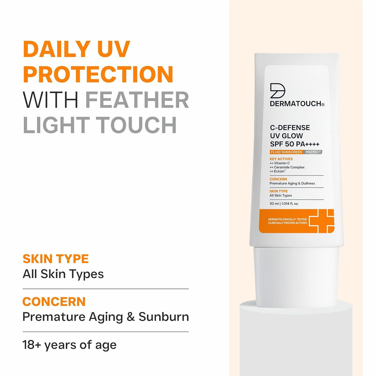 DERMATOUCH C-Defense SPF 50 PA++++ Fluid Sunscreen with Vitamin C & Ceramides | Broad Spectrum | For Premature Aging, Dullness & Sunburn | Zero White Cast | Lig