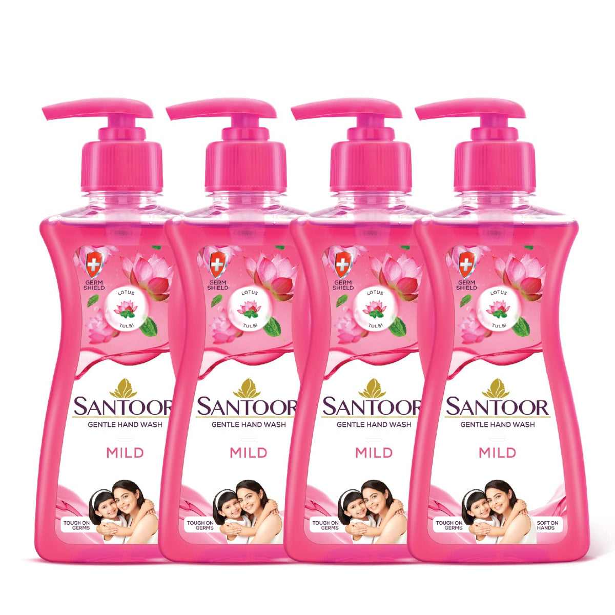 Santoor Mild Gentle Hand Wash 200ml, Pack of 4 with Goodness of Lotus & Tulsi| Rich Lathering Formula with Anti-Bacterial Properties| Soft on Hands| Soothes & H
