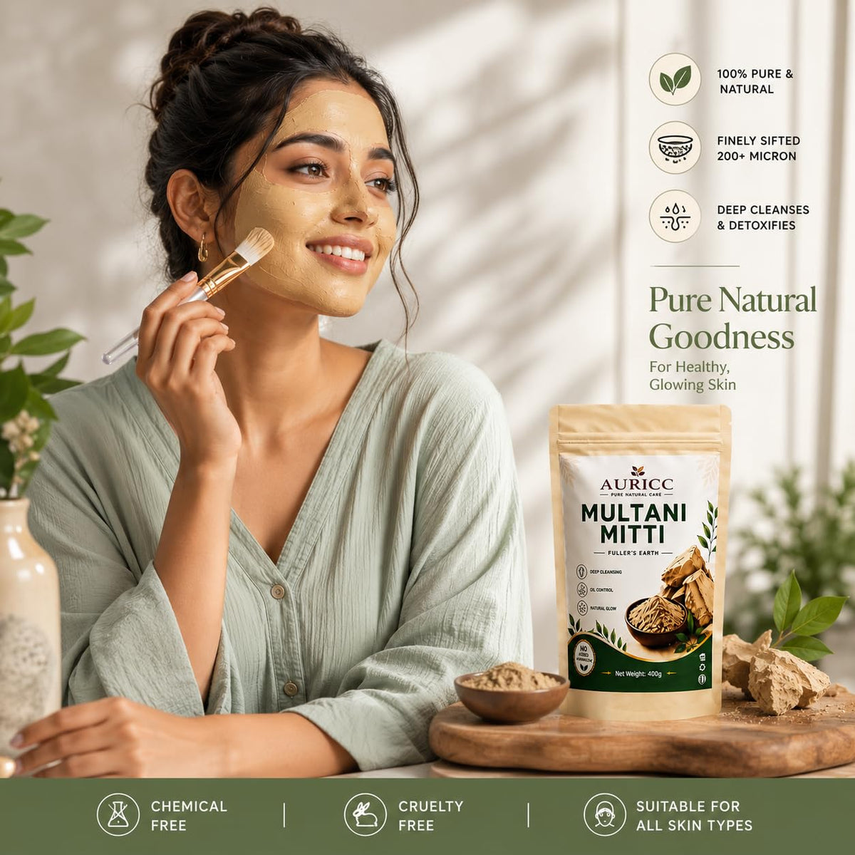 Multani Mitti Powder for Skin and Hair | Multani Mitti with Bowl and Brush | Natural Fullers Earth Face Pack for Oily & Acne Prone Skin 400g