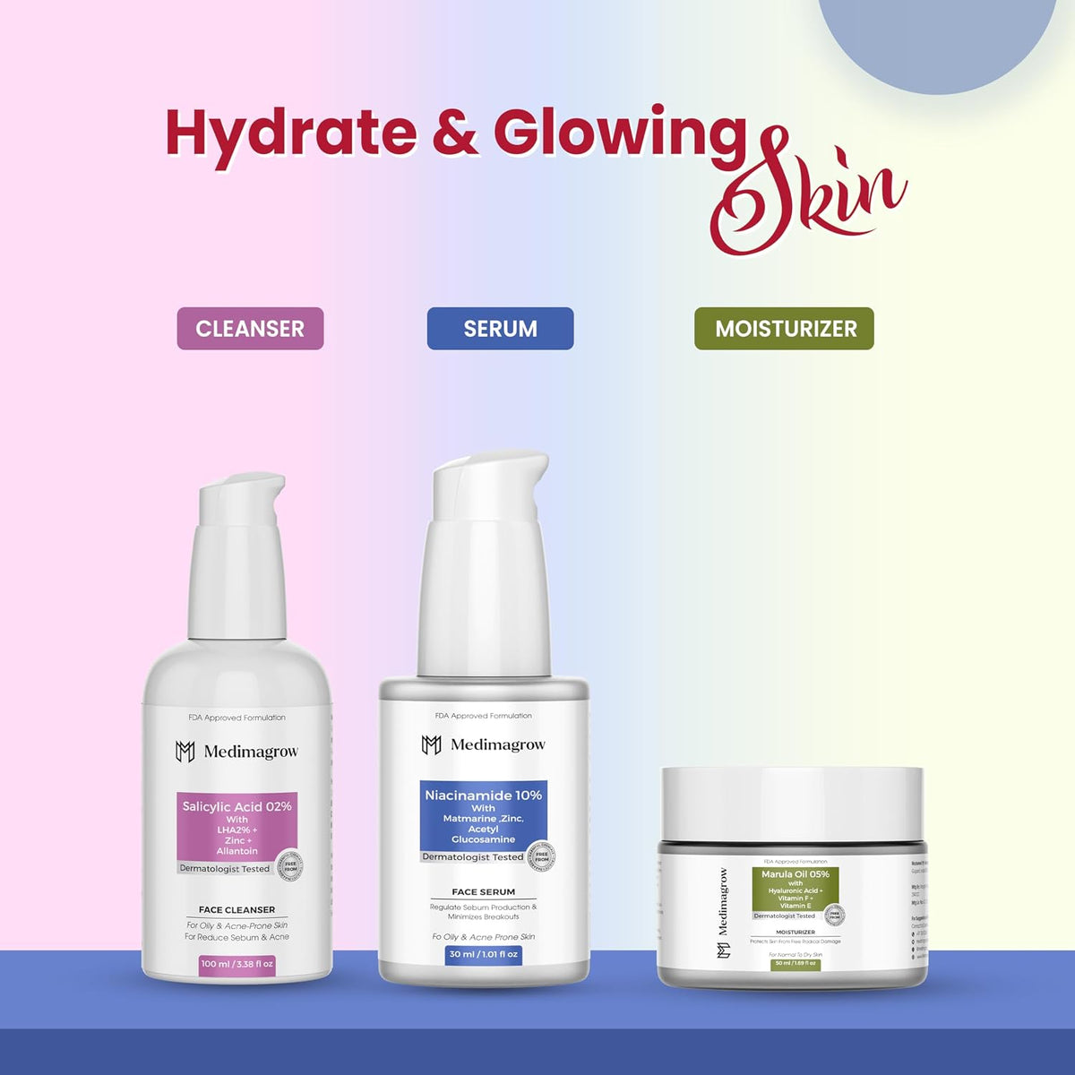 Skincare Kit with Salicylic Acid Cleanser, Niacinamide Serum, Marula Oil Moisturiser, 3-Step Routine