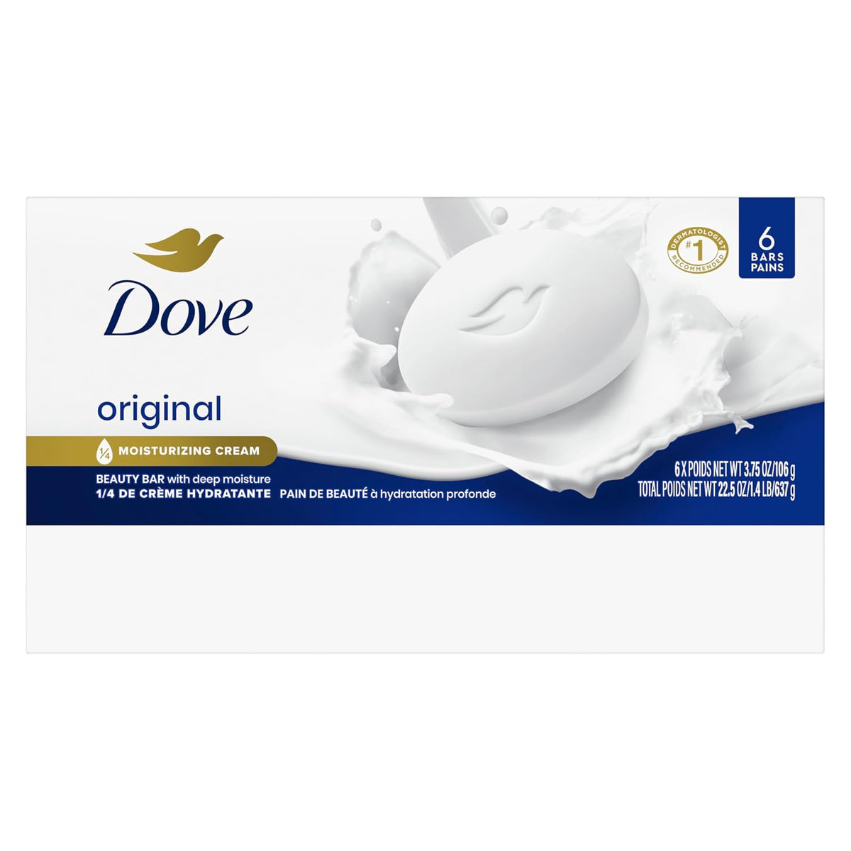 Dove Beauty Bar Soap Original, 6 Bars for Soft, Smooth Skin, with 1/4 Moisturizing Cream 3.75 oz Fragranced 3.75 Ounce (Pack of 6)