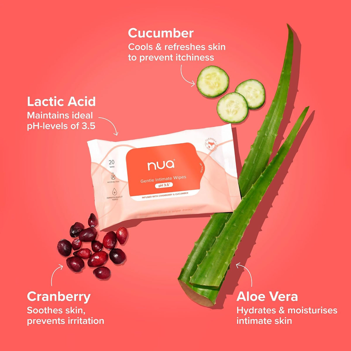 Nua Gentle Intimate Wipes | Infused with Cranberry, Cucumber and Aloe | Alcohol and Artificial-Fragrance Free | 100% Biodegradable 20.0