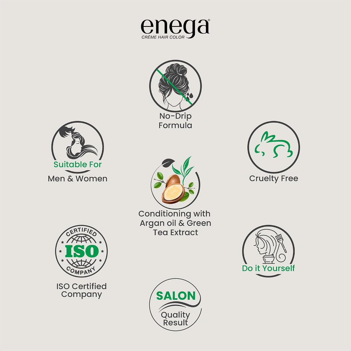 Enega No Ammonia Grey Coverage Long Lasting Creme Hair Color with Argan Oil & Green Tea Extract - Pack of 1(150 ML) (Natural Black)