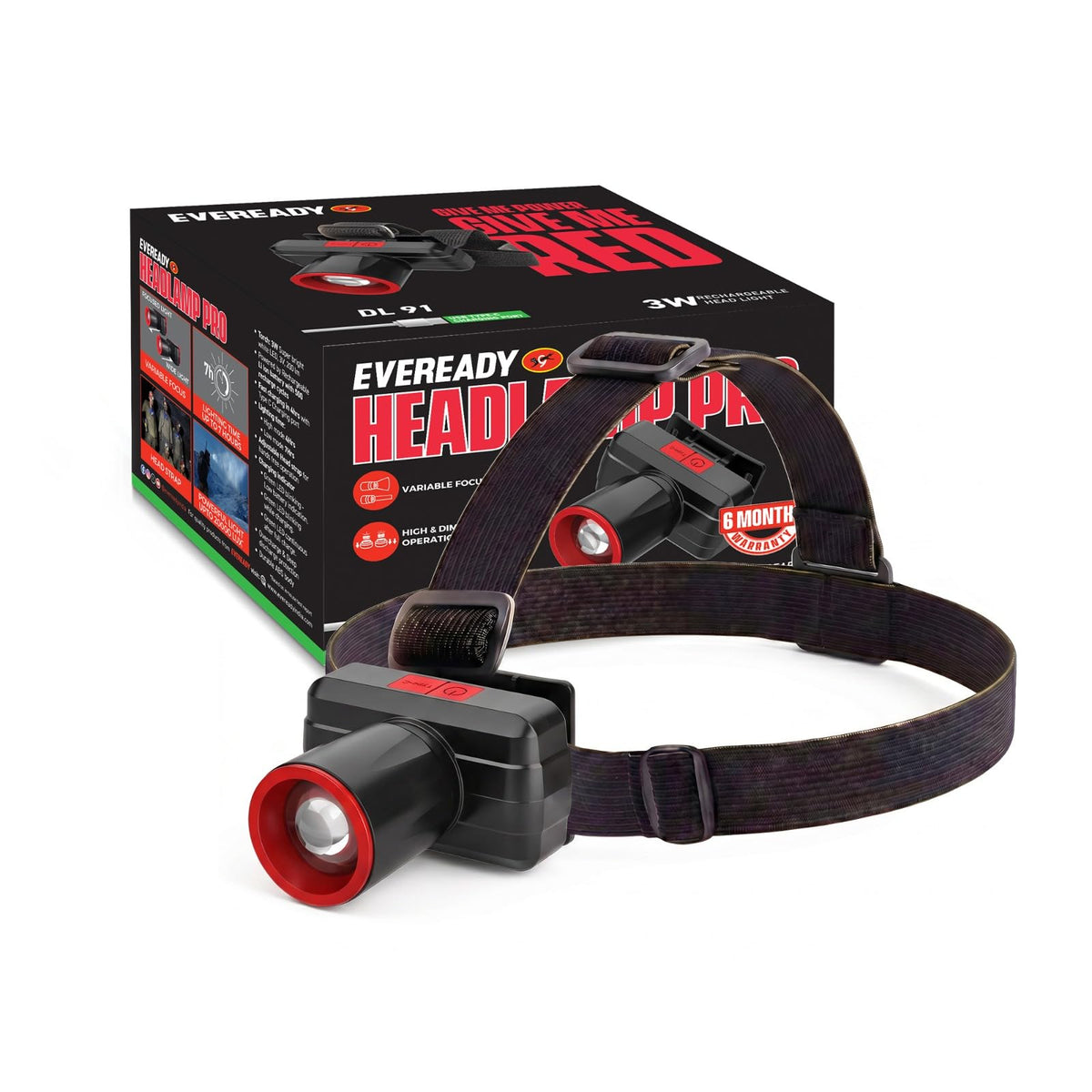 EVEREADY DL91 Pro Rechargeable LED Headlamp, USB-C, 20000 Lux, Dual Mode Headlamp DL91 1 Pack
