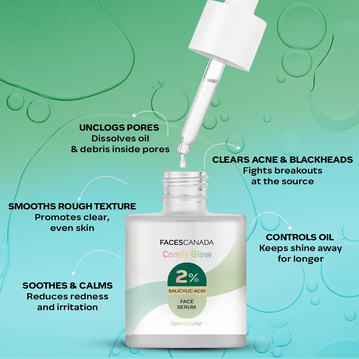 FACES CANADA Comfy Glow 2% Salicylic Acid w/w Face Serum - 15ml | Clears Acne & Blackheads | Unclogs Pores | Controls Oil | Even Skin Tone | Smooth Skin Texture