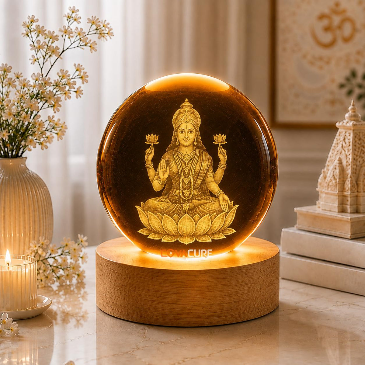 COVACURE 3D Lakshmi Devi Idol Crystal Ball Night Lamp Creative Engraved 2.4 Inch Glass Ball Goddess Laxmi MATA Murti Crystal Ball Night Light, USB Table LED Woo