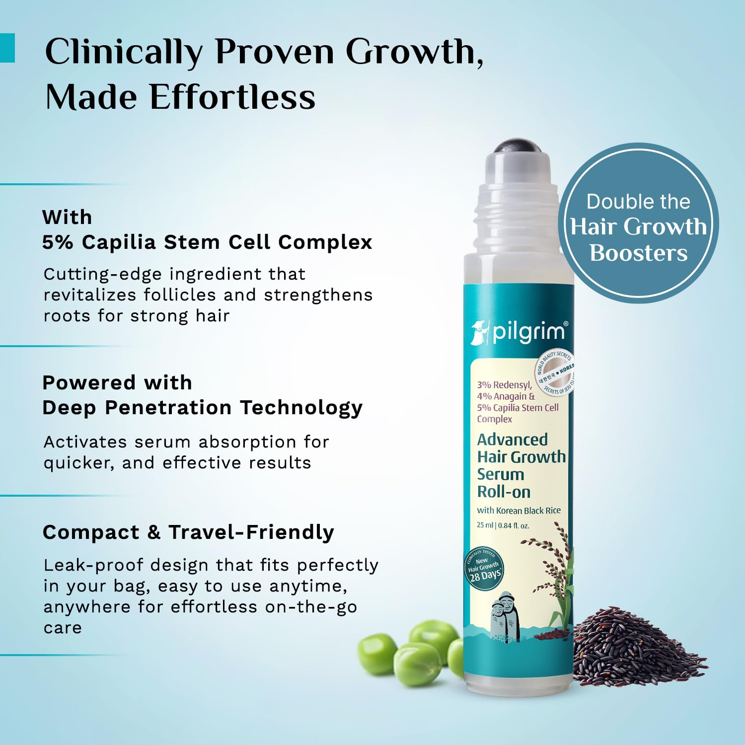Pilgrim 3% Redensyl, 4% Anagain & 5% Capilia Stem Advanced Hair Growth Serum Roll-on for Scalp with Korean Black Rice & Rosemary | Control Fall, Stimulate Regrowth, Increase Density | (25ml)
