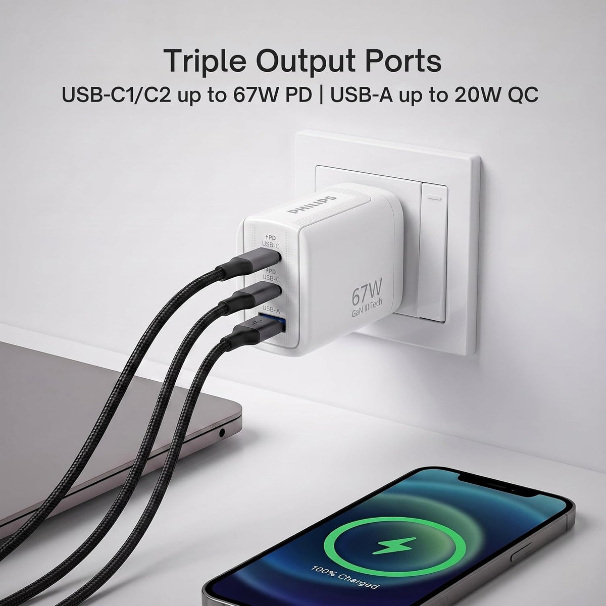 Philips DLP6331CW/94 Gen III Tech 67W Fast Charging Wall Charger (Alba White) | 2 USB-C PD + 1 USB-A | 3-Port Multi-Device Charger for Laptop, Smartphone, Table